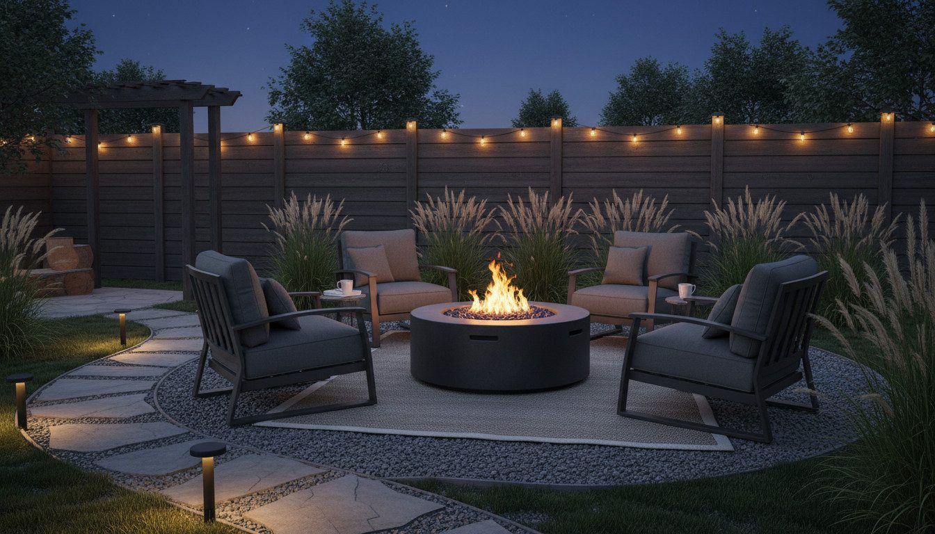 Eye-level view of a backyard fire pit area with chairs and privacy fencing