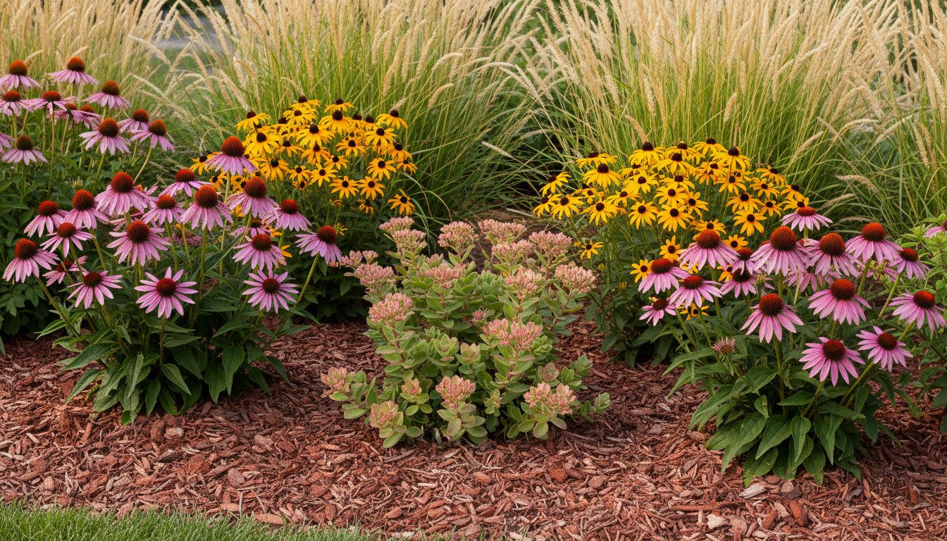 Close-up view of mulch around drought-tolerant perennials in a Virginia garden bed