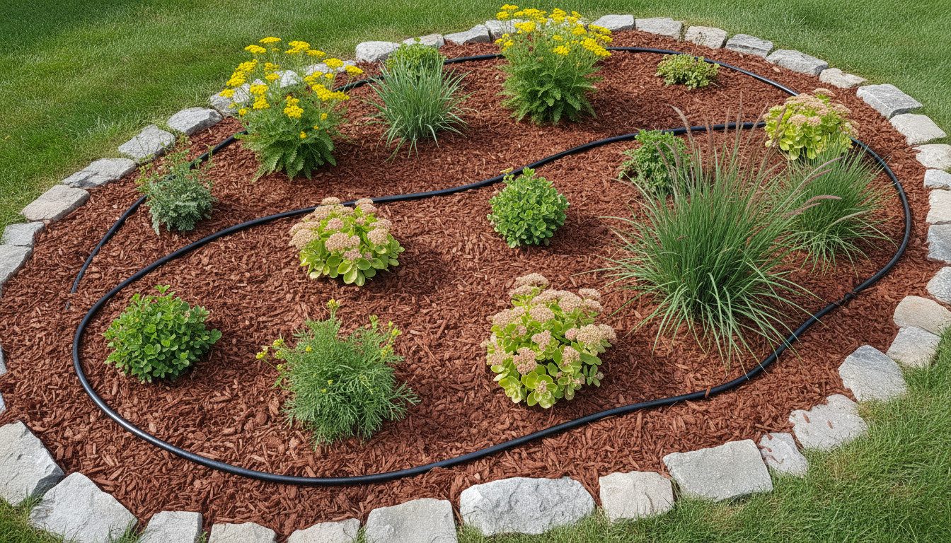 Overhead view of a soaker hose running through a mulched drought-tolerant garden bed