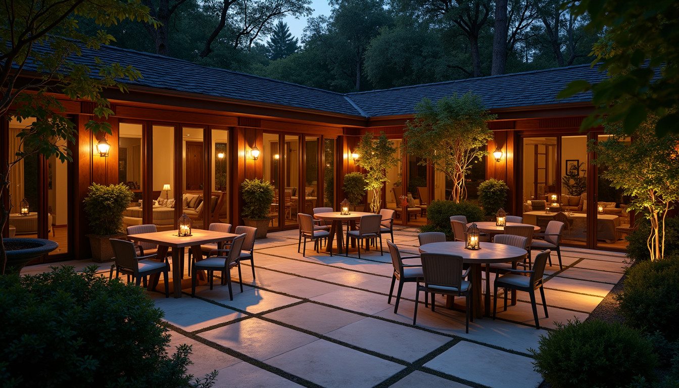 High angle view of a stunning outdoor patio illuminated elegantly at night