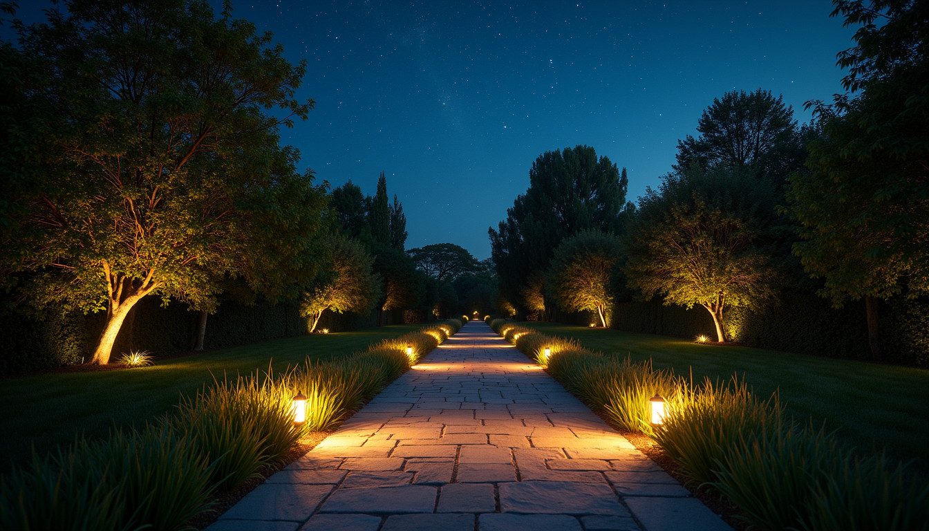 Wide angle view of a beautifully illuminated garden path under stars