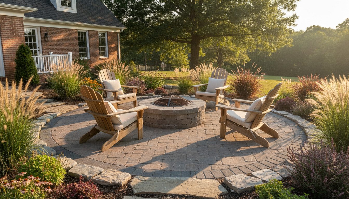 Eye-level view of a paver patio with drought-tolerant grasses and a fire pit in a Staunton backyard